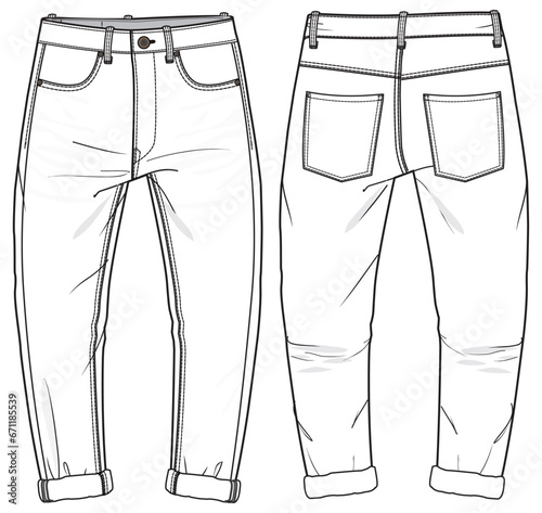 Men's Cropped denim jeans trouser pants front and back view flat sketch fashion illustration, five pockets Cropped ankle length denim jeans pants vector template, Banana cut rolled up hem jeans