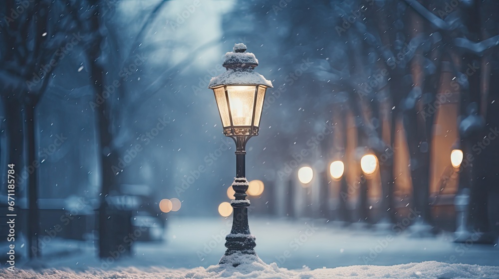 a street lamp in the middle of a snowy street at night with street ...