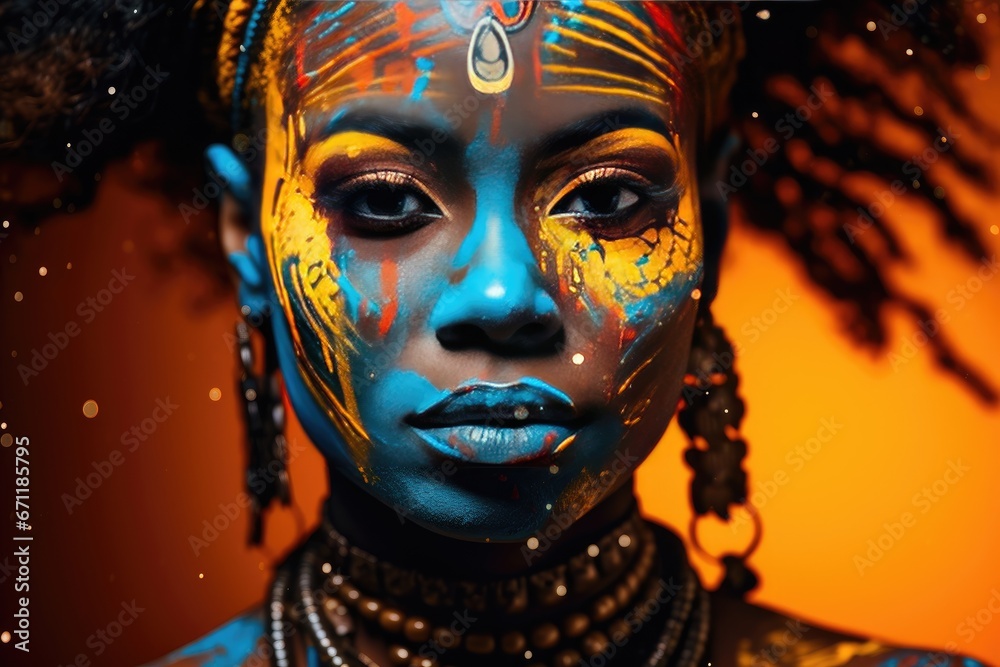 Beautiful glamour African woman with black skin body art.