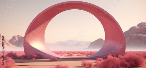 Fantasy world, futuristic fantasy image. Surreal landscape with water and colorful sand. Podium, display on the background of abstract glass, mirror shapes and objects.	