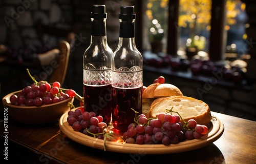 A beautiful wooden table set with two bottles of red wine  freshly baked bread  and a bunch of juicy grapes