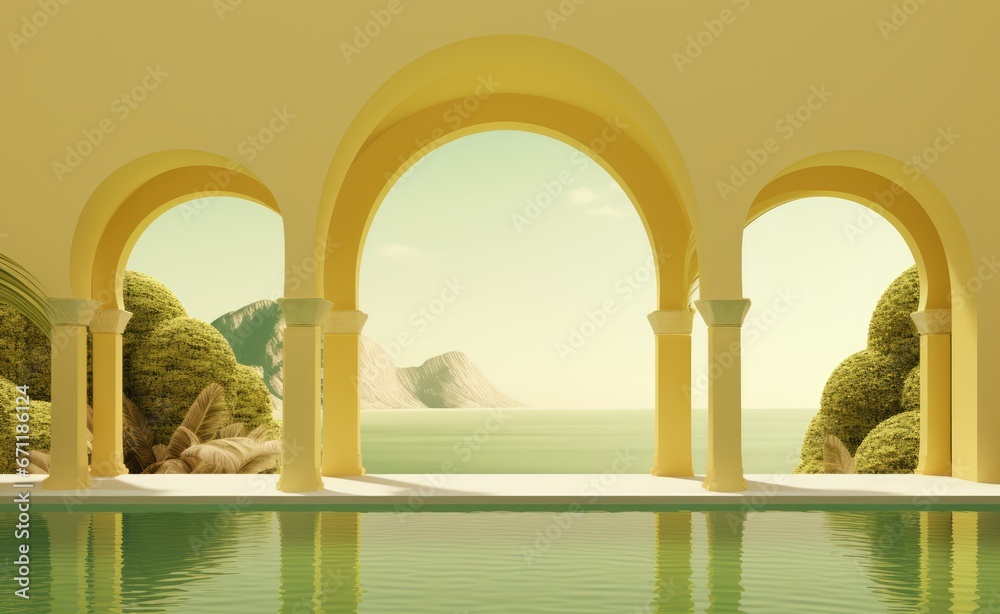 Fantasy world, futuristic fantasy image. Surreal landscape with water and colorful sand. Podium, display on the background of abstract glass, mirror shapes and objects.	
