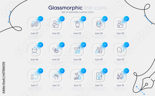 Set of Heart beat, Elevator and Dont touch line icons for web app. Online discounts, Online question, Touchscreen gesture icons. Family questions, Time management, Security app signs. Vector