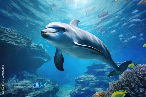 Valokuvatapetti Dolphin swim in the blue sea in a picturesque place