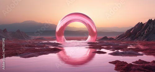 Fantasy world, futuristic fantasy image. Surreal landscape with water and colorful sand. Podium, display on the background of abstract glass, mirror shapes and objects. 