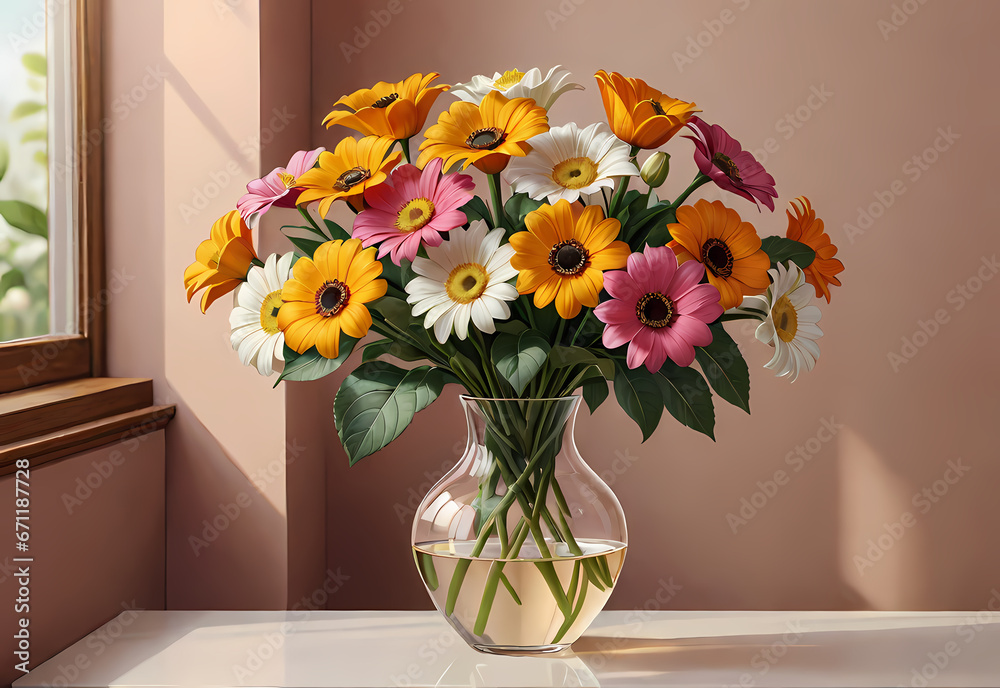 Bouquets of flowers in a vase in a decorative space with a pastel background Bouquets of flowers in a vase in a decorative space with a pastel background