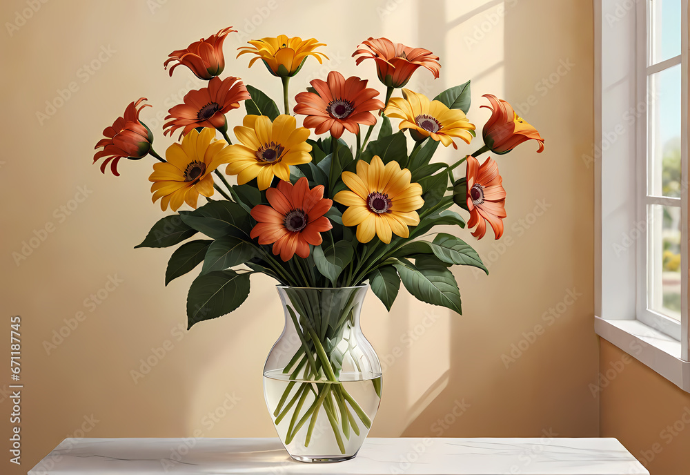 Bouquets of flowers in a vase in a decorative space with a pastel background Bouquets of flowers in a vase in a decorative space with a pastel background