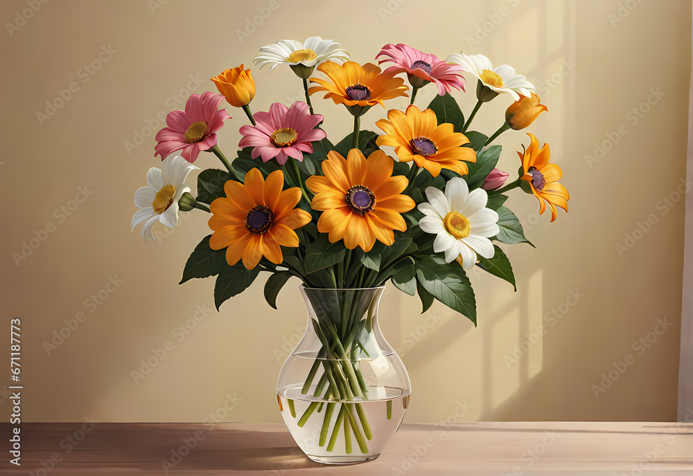 Bouquets of flowers in a vase in a decorative space with a pastel background Bouquets of flowers in a vase in a decorative space with a pastel background