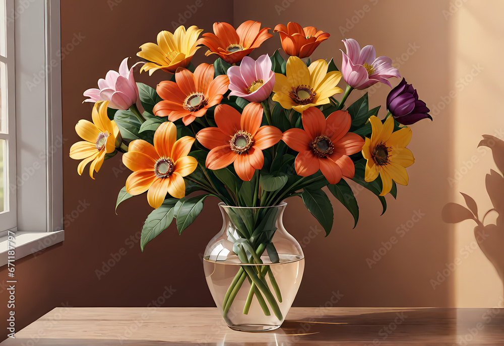 Bouquets of flowers in a vase in a decorative space with a pastel background Bouquets of flowers in a vase in a decorative space with a pastel background