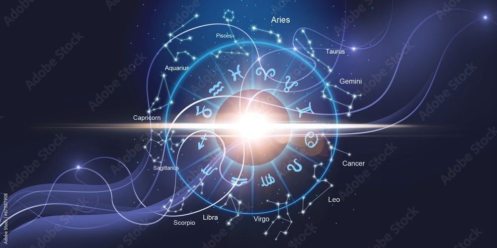Zodiac signs horoscope circle for Astrology concept - obrazy, fototapety, plakaty 