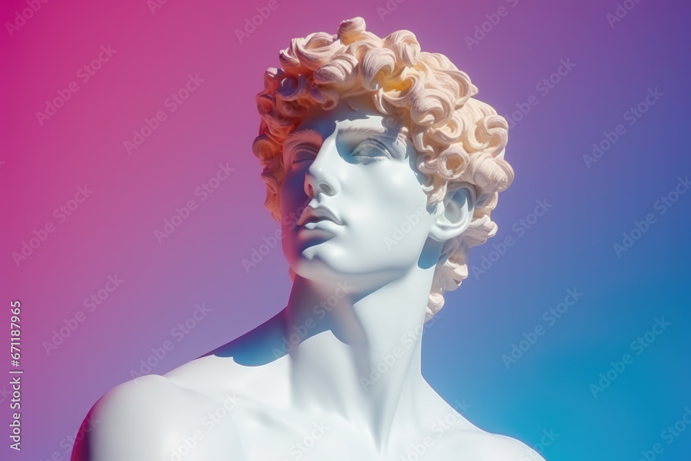 Portrait of a white sculpture of Apollo illuminated by neon light.