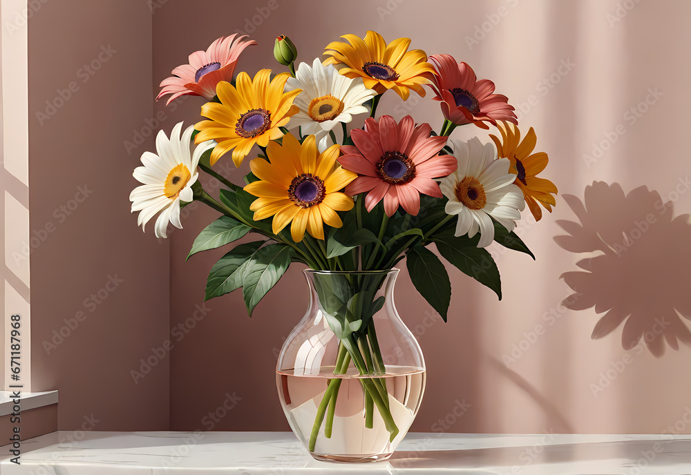 Bouquets of flowers in a vase in a decorative space with a pastel background Bouquets of flowers in a vase in a decorative space with a pastel background