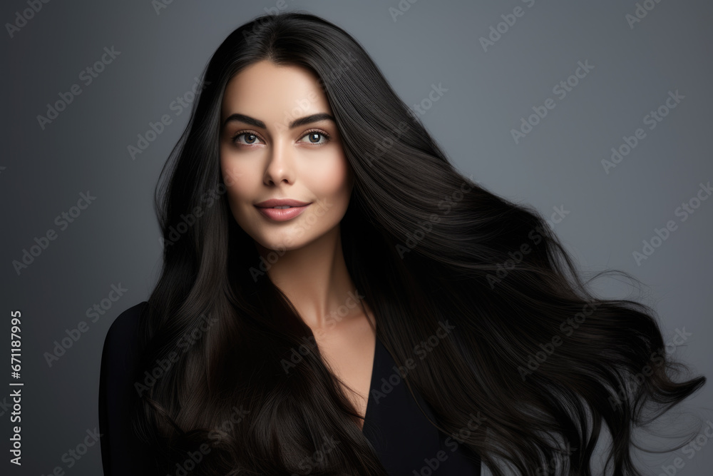 Portrait of a gorgeous brunette with long well-groomed hair on a dark gray background. Portrait of a gorgeous brunette with long well-groomed hair on a dark gray background.