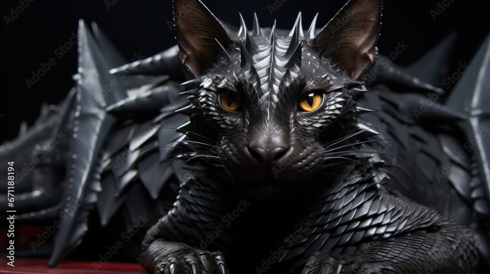 Gothic metalhead cat dragon, black kitty with spikes and leather jacket ready to rock out - obrazy, fototapety, plakaty 