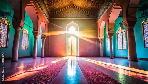 Moonlight shine through the window into islamic interior mosque 