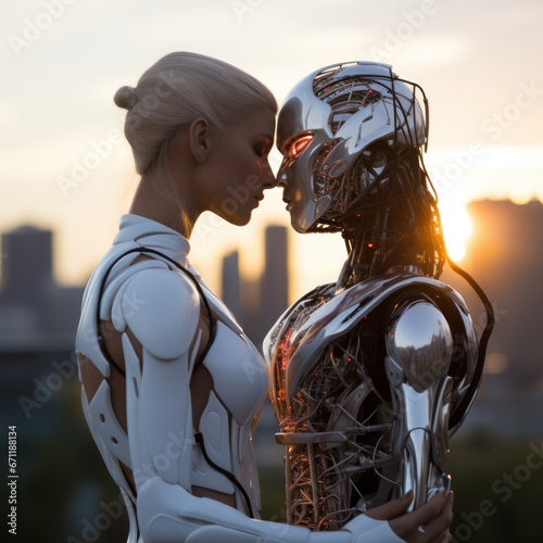A blonde woman and robot having a romantic moment during sunset, human and android love, skyscrapers in the background