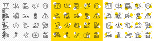 Outline Flight insurance, Flight destination and Pickup line icons pack for web with Fuel price, Search package, Parcel invoice line icon. Metro map, Gps, Electric bike pictogram icon. Vector