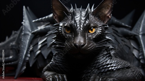 Gothic metalhead cat dragon, black kitty with spikes and leather jacket ready to rock out photo