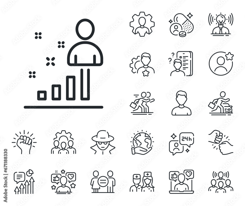 Business management sign. Specialist, doctor and job competition outline icons. Stats line icon. Best employee symbol. Stats line sign. Avatar placeholder, spy headshot icon. Strike leader. Vector
