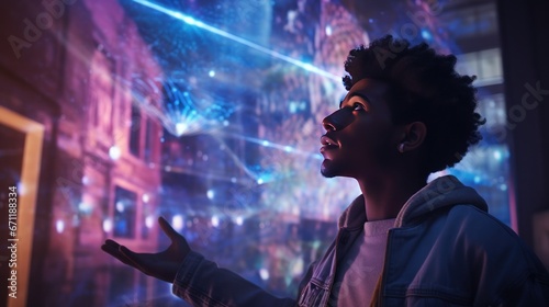  Young black man looking at holographic digital display, futuristic technology, innovation, generative ai