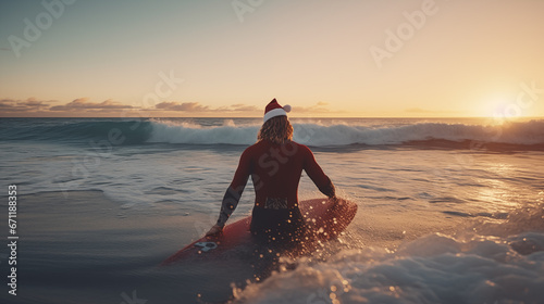 photography surfer wearing a santa claus is surfing on a surfboard.
