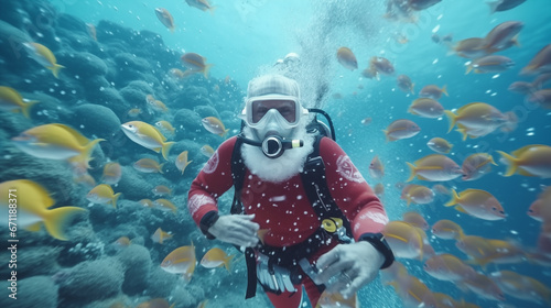 photography Santa Claus scuba diving under the sea.