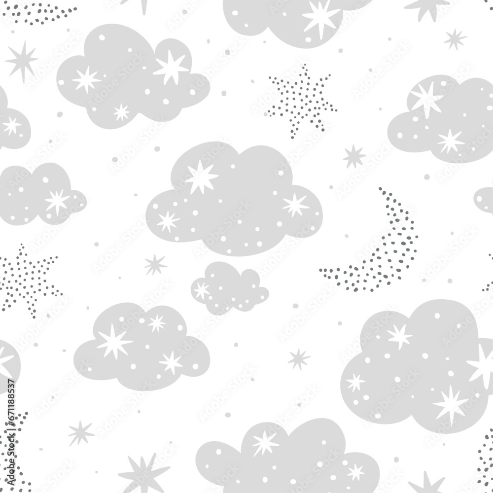 Seamless pattern with clouds, moons and stars on a white background for children's textiles, scrapbooking paper, cards.