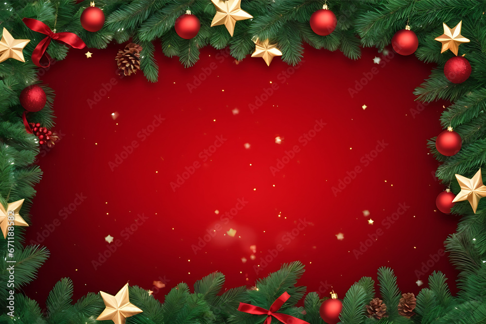 Christmas and New Year background with tree branches decoration on red background