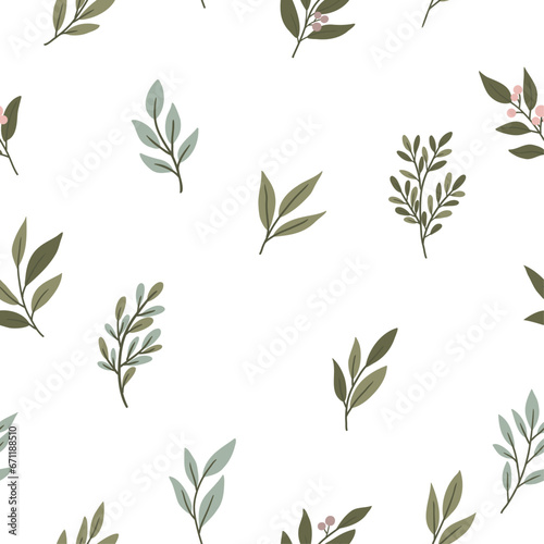 Seamless pattern with leaves and branches on a white background for children s textiles  scrapbooking paper  cards.