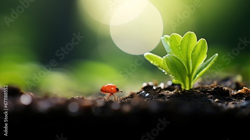 A ladybug is standing on top of a plant, AI