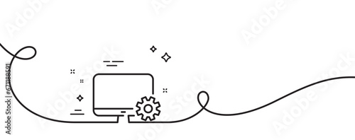 Computer or Monitor icon. Continuous one line with curl. Service Cogwheel sign. Personal computer symbol. Monitor settings single outline ribbon. Loop curve pattern. Vector