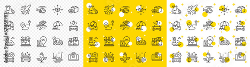 Outline Wholesale inventory, Car wash and Fast delivery line icons pack for web with Medical helicopter, Airplane wifi, Packing boxes line icon. Lighthouse, Hand baggage. Vector