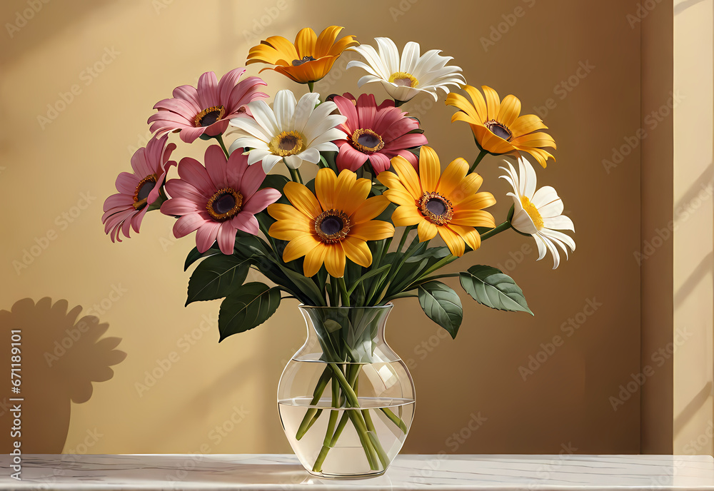 Bouquets of flowers in a vase in a decorative space with a pastel background Bouquets of flowers in a vase in a decorative space with a pastel background