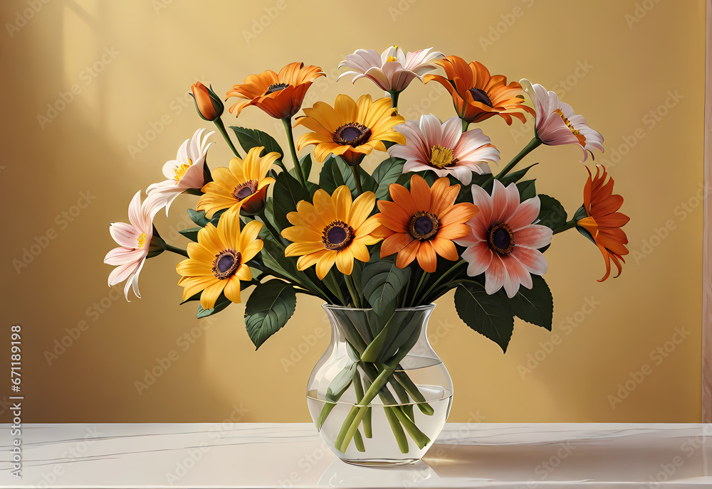 Bouquets of flowers in a vase in a decorative space with a pastel background Bouquets of flowers in a vase in a decorative space with a pastel background