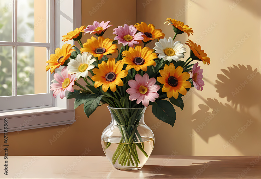 Bouquets of flowers in a vase in a decorative space with a pastel background Bouquets of flowers in a vase in a decorative space with a pastel background