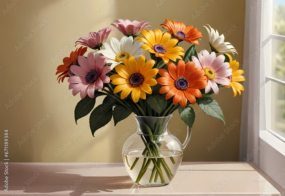 Bouquets of flowers in a vase in a decorative space with a pastel background Bouquets of flowers in a vase in a decorative space with a pastel background