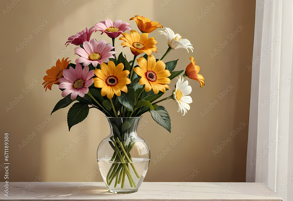 Bouquets of flowers in a vase in a decorative space with a pastel background Bouquets of flowers in a vase in a decorative space with a pastel background