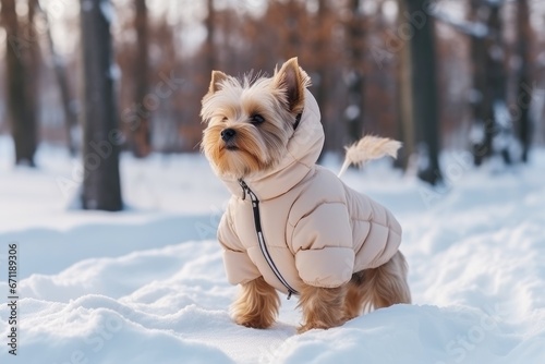 Cute little white dog in winter clothes standing on the snow in winter. A dwarf puppy walks in a snowy forest in cold weather. photo