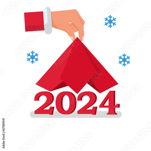2024 Happy New year. Man hand take off cloth with 2024. Covered red silk. Vector flat design. Isolated on white background. Merry Christmas.