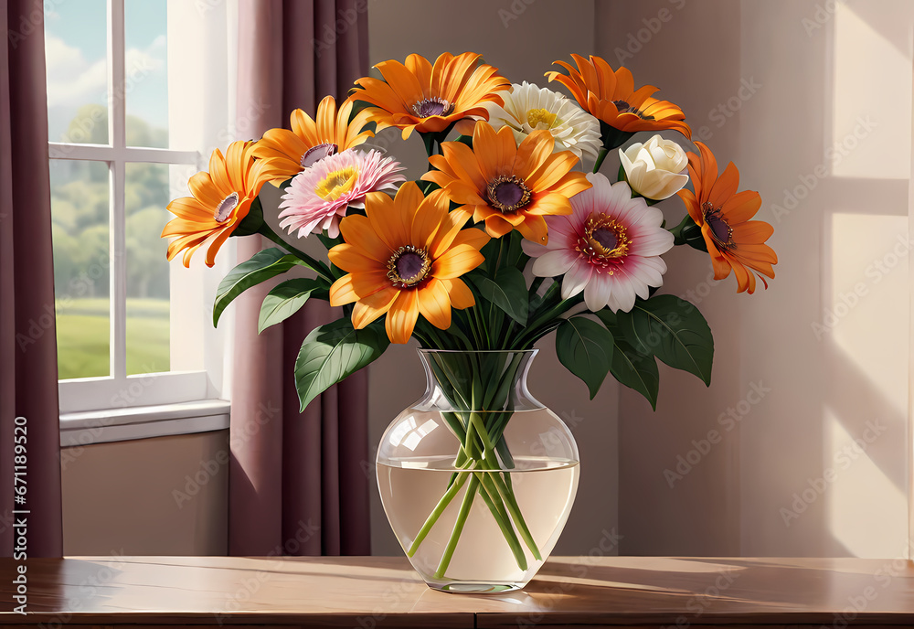Bouquets of flowers in a vase in a decorative space with a pastel background Bouquets of flowers in a vase in a decorative space with a pastel background