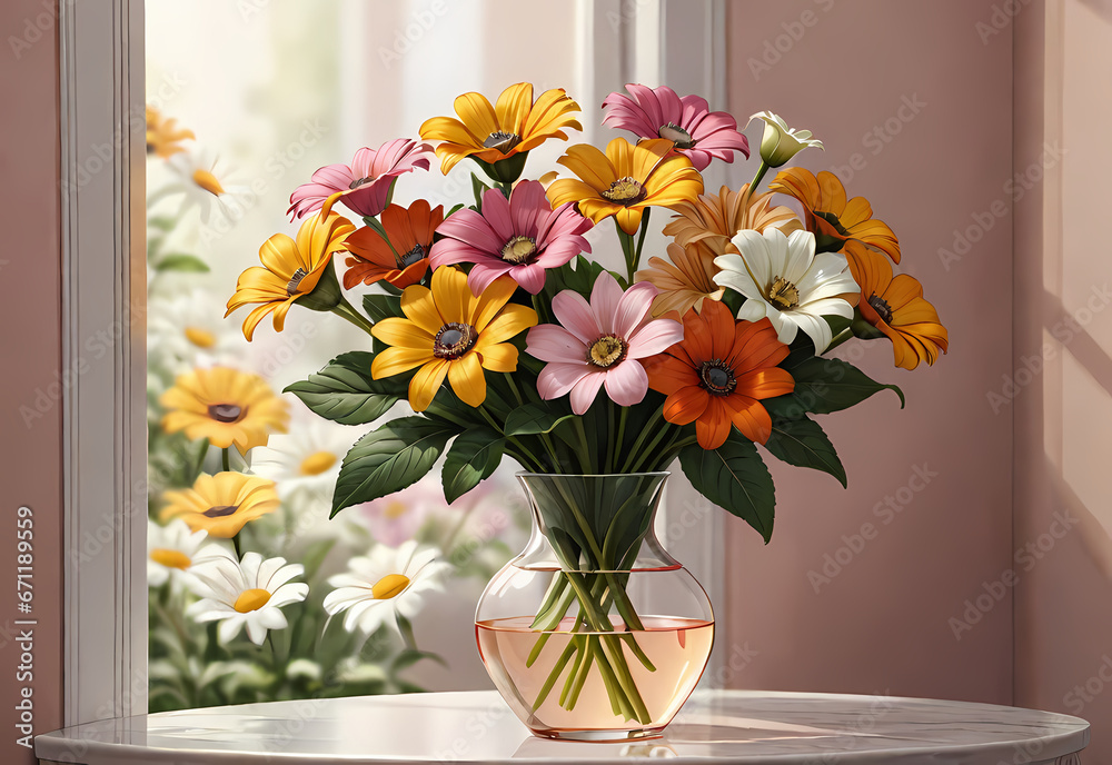 Bouquets of flowers in a vase in a decorative space with a pastel background Bouquets of flowers in a vase in a decorative space with a pastel background