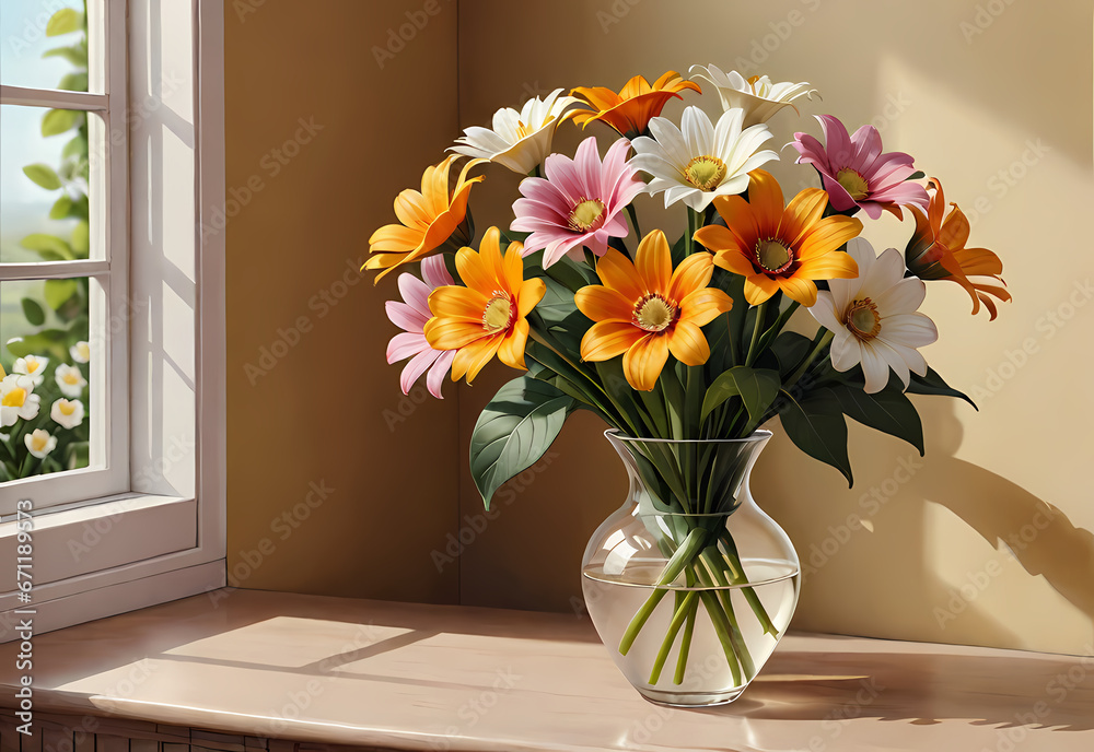 Bouquets of flowers in a vase in a decorative space with a pastel background Bouquets of flowers in a vase in a decorative space with a pastel background