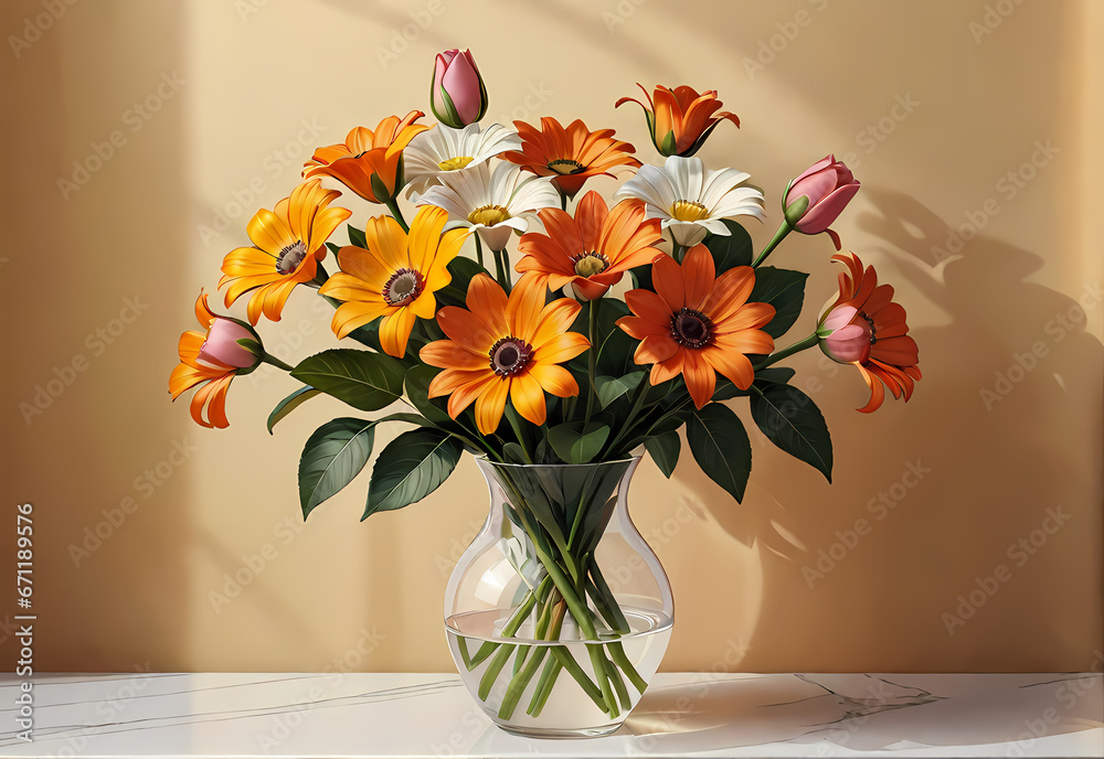 Bouquets of flowers in a vase in a decorative space with a pastel background Bouquets of flowers in a vase in a decorative space with a pastel background