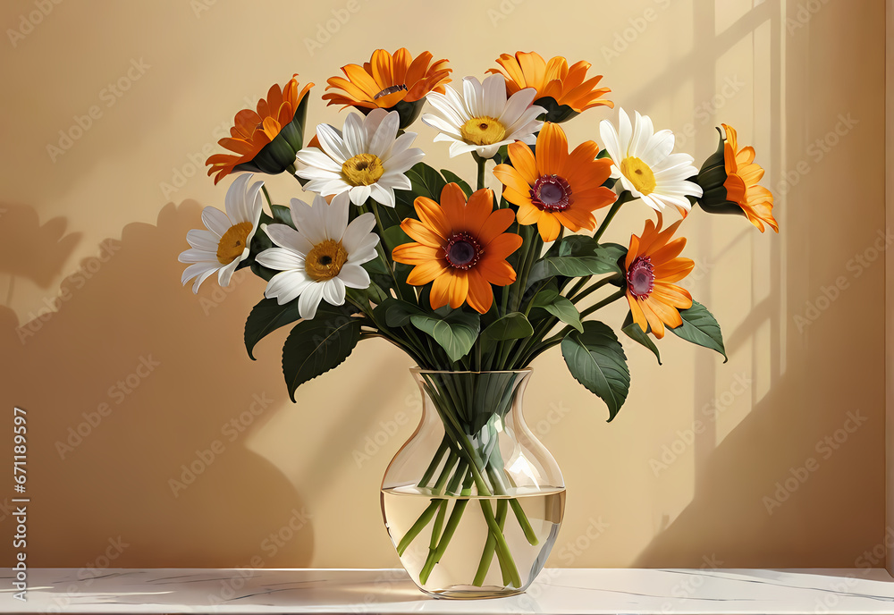 Bouquets of flowers in a vase in a decorative space with a pastel background Bouquets of flowers in a vase in a decorative space with a pastel background