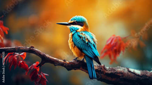 Beautiful colourful bird on branch for backgrounds and desktop wallpapers