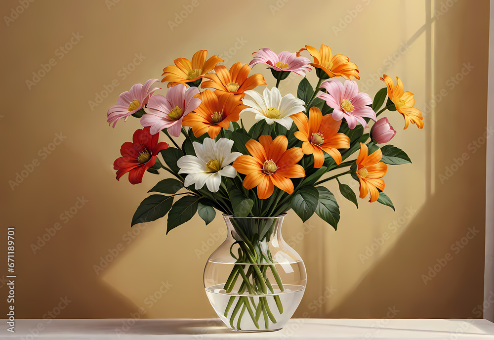 Bouquets of flowers in a vase in a decorative space with a pastel background Bouquets of flowers in a vase in a decorative space with a pastel background