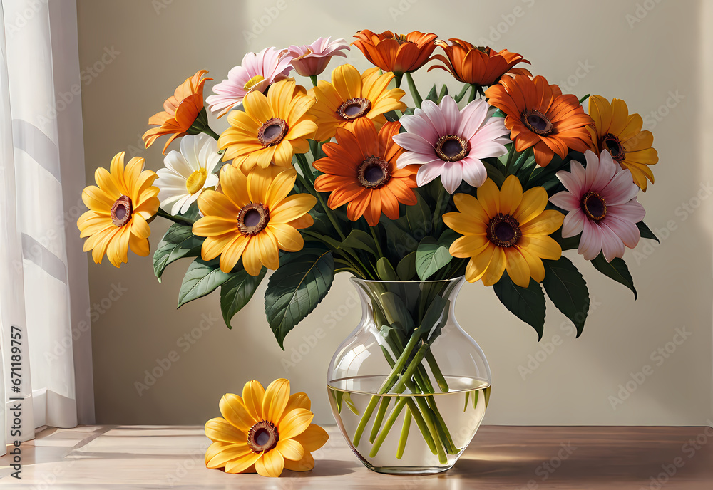 Bouquets of flowers in a vase in a decorative space with a pastel background Bouquets of flowers in a vase in a decorative space with a pastel background