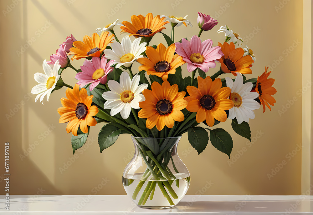 Bouquets of flowers in a vase in a decorative space with a pastel background Bouquets of flowers in a vase in a decorative space with a pastel background
