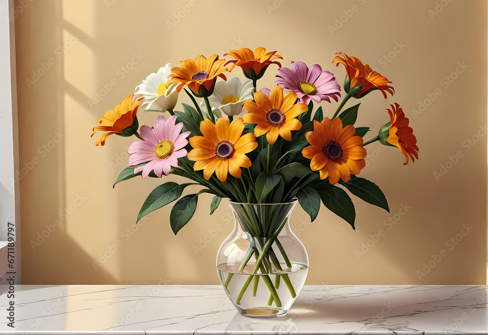 Bouquets of flowers in a vase in a decorative space with a pastel background Bouquets of flowers in a vase in a decorative space with a pastel background