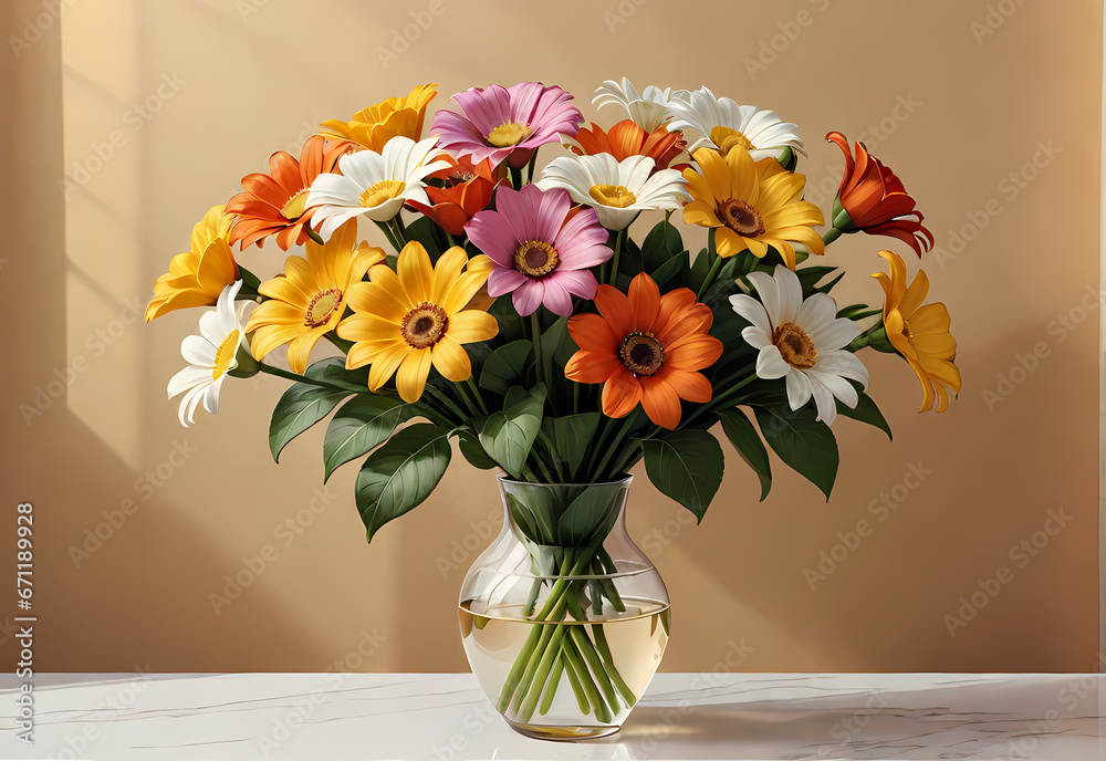 Bouquets of flowers in a vase in a decorative space with a pastel background Bouquets of flowers in a vase in a decorative space with a pastel background